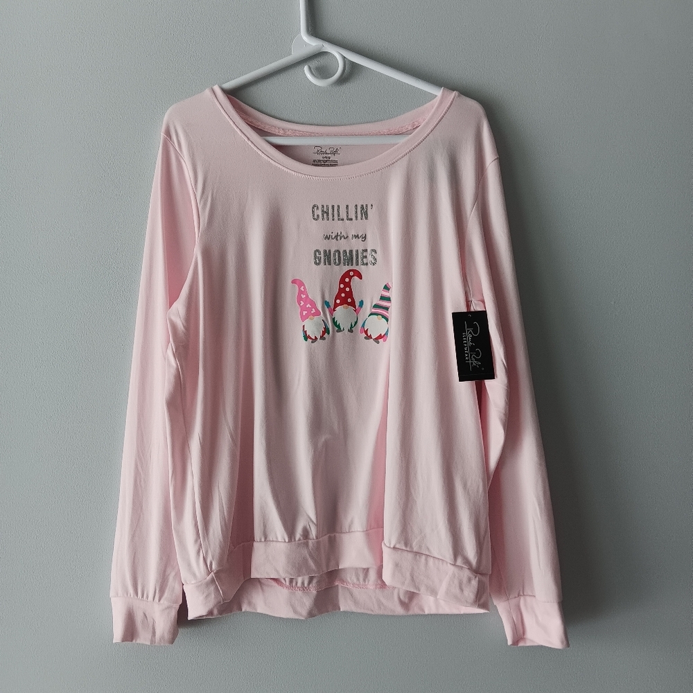 New Rene Rofe Pajama Top Chillin with my Gnomies Long-Sleeve Loose Pink Large